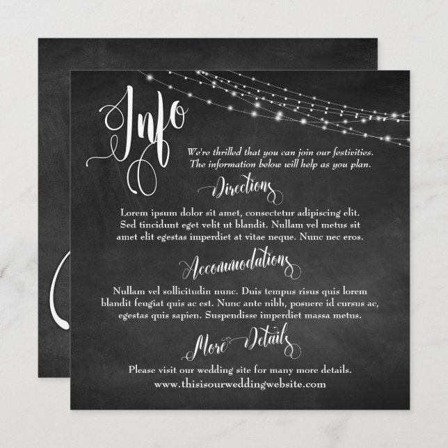 Chalkboard w/ Light Strings, Wedding Info Script Invitation (Front/Back)