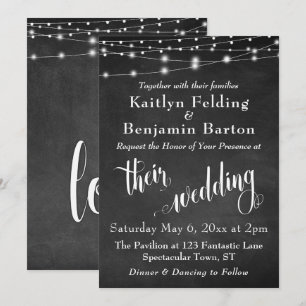 Chalkboard w/ String Lights, Typography Wedding Invitation