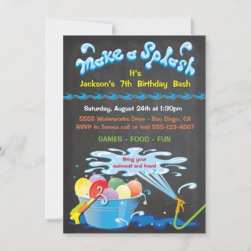 Chalkboard Water Balloon Birthday Pool Invitation
