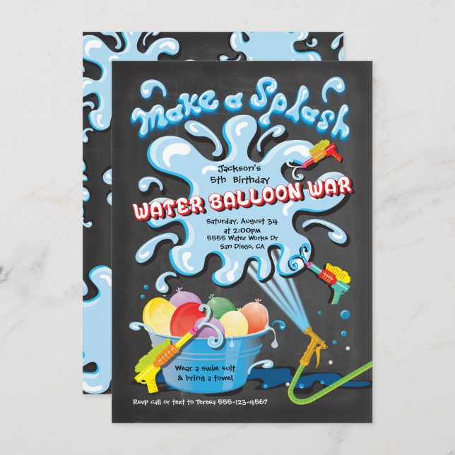 Chalkboard Water Balloon War Birthday party Invitation (Front/Back)
