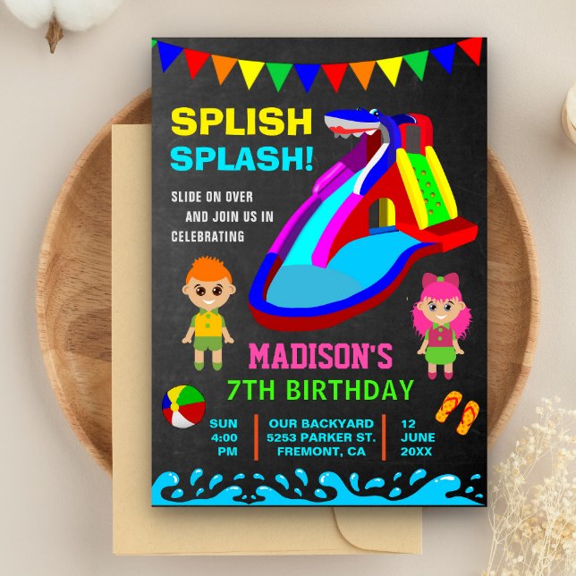 Chalkboard Water Slide Kids Birthday Party Invite
