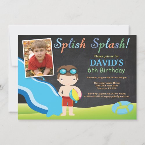 Chalkboard Water Slide Pool Birthday Party Boy Invitation