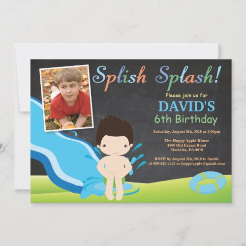 Chalkboard Water Slide Pool Birthday Party Boy Invitation
