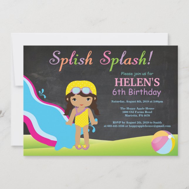 Chalkboard Water Slide Pool Birthday Party Invitation (Front)