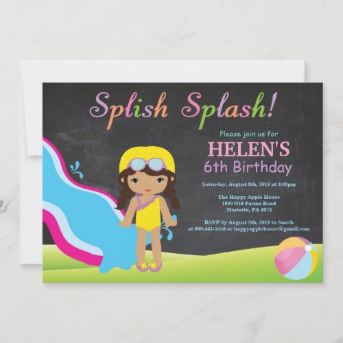 Chalkboard Water Slide Pool Birthday Party Invitation