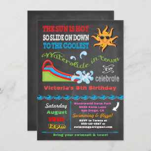 Chalkboard Water slide Pool birthday party Invitation