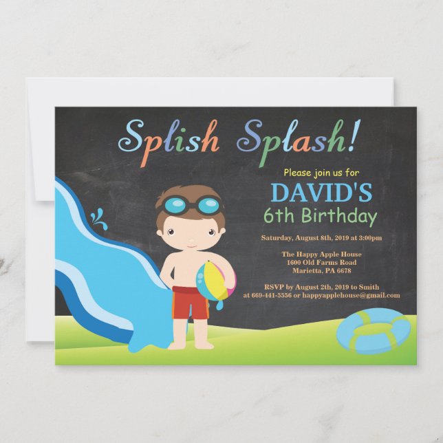 Chalkboard Water Slide Pool Birthday Party Invitation (Front)