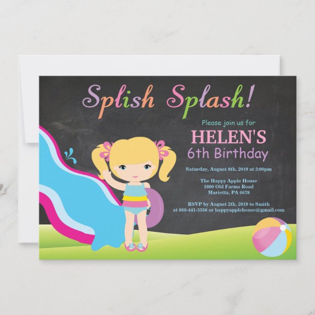 Chalkboard Water Slide Pool Birthday Party Invitation (Front)