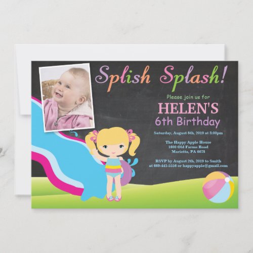 Chalkboard Water Slide Pool Birthday Party Invitation