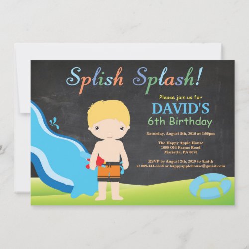 Chalkboard Water Slide Pool Birthday Party Invitation