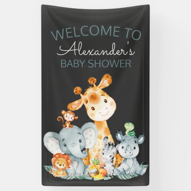 Chalkboard Watercol Cute Safari Jungle Baby Shower Banner (Vertical)