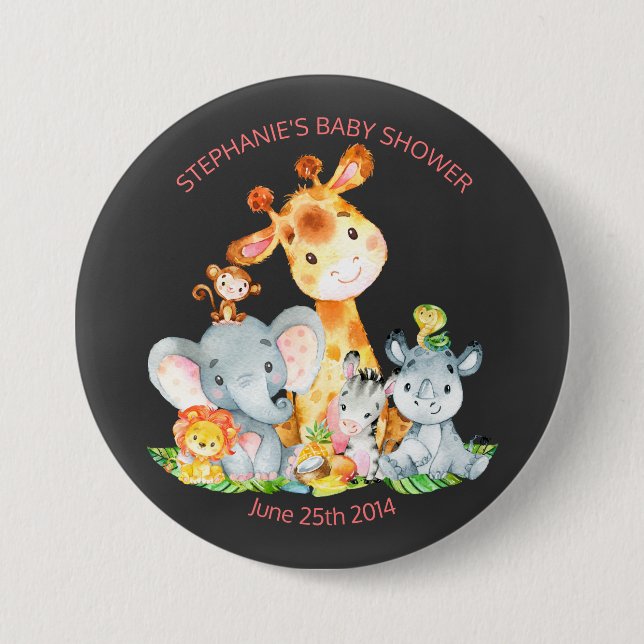 Chalkboard Watercol Cute Safari Jungle Baby Shower Button (Front)