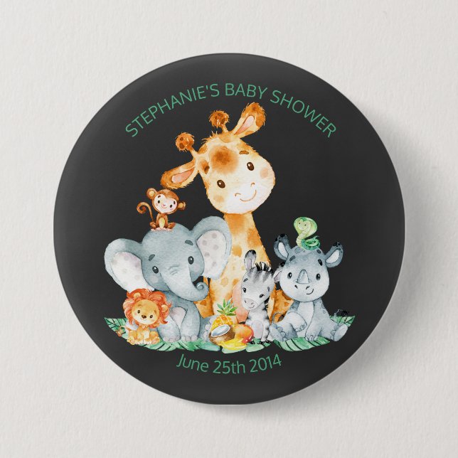 Chalkboard Watercol Cute Safari Jungle Baby Shower Button (Front)