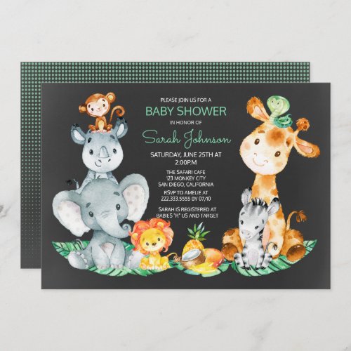 Chalkboard Watercol Cute Safari Jungle Baby Shower Invitation