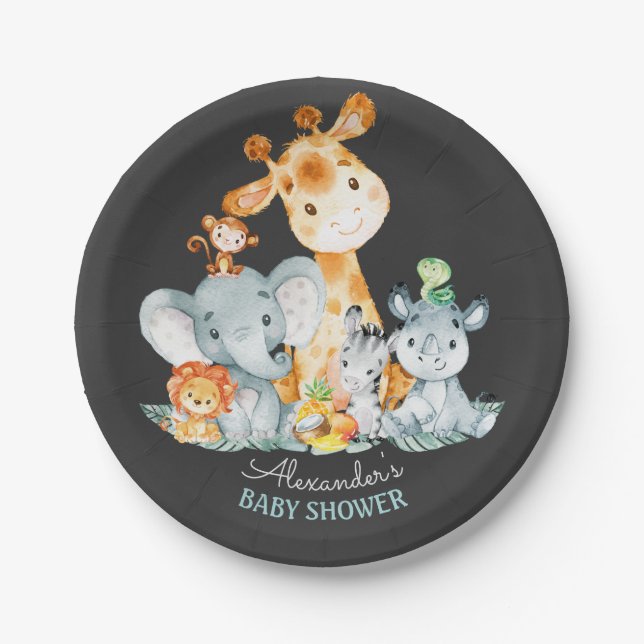 Chalkboard Watercol Cute Safari Jungle Baby Shower Paper Plates (Front)