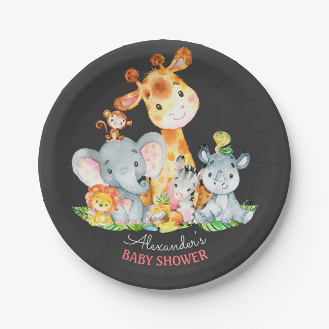 Chalkboard Watercol Cute Safari Jungle Baby Shower Paper Plates (Front)