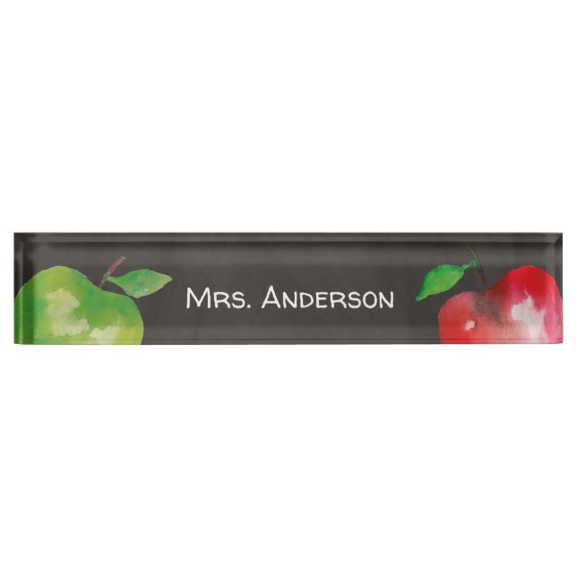 Chalkboard Watercolor Apple Teacher Desk Name Plate (Front)