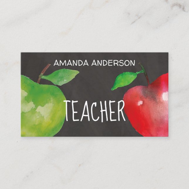 Chalkboard Watercolor Apples Modern Teacher Business Card (Front)