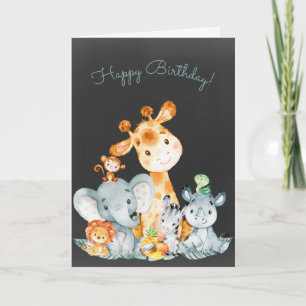 Chalkboard Watercolor Cute Jungle Animals Birthday Card