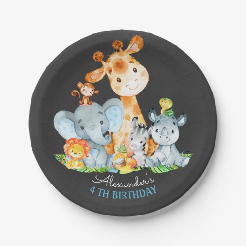 Chalkboard Watercolor Cute Safari Animals Birthday Paper Plates