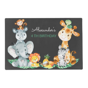 Chalkboard Watercolor Cute Safari Animals Birthday Placemat
