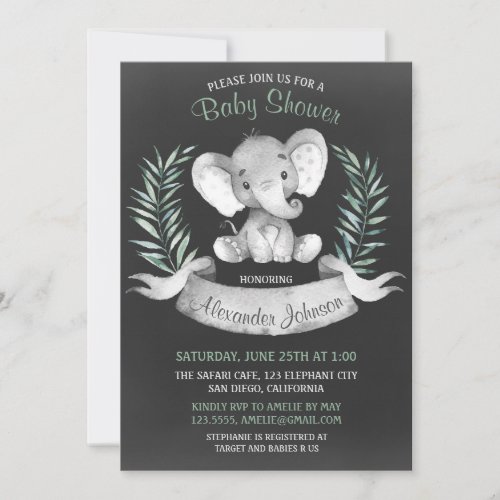 Chalkboard Watercolor Elephant Baby Shower Invitation