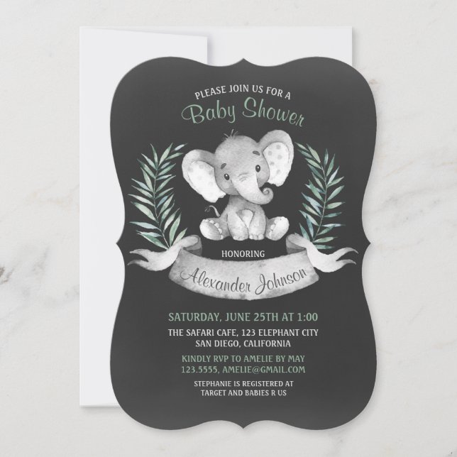 Chalkboard Watercolor Elephant Baby Shower Invitation (Front)