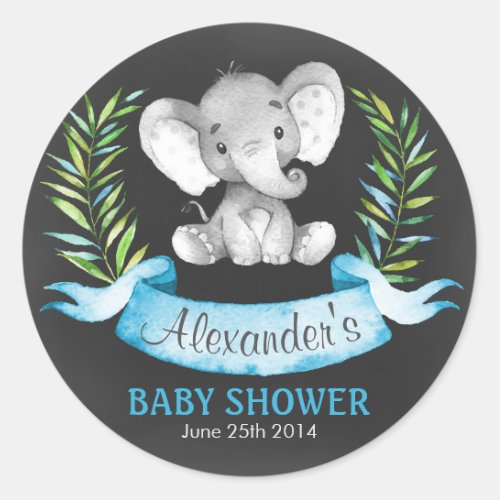 Chalkboard Watercolor Elephant Boy Baby Shower Classic Round Sticker