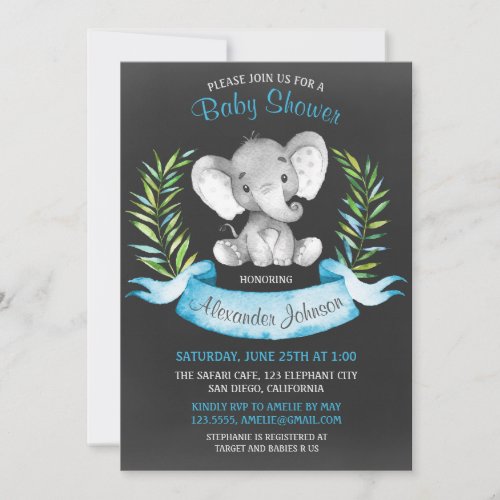 Chalkboard Watercolor Elephant Boy Baby Shower Invitation