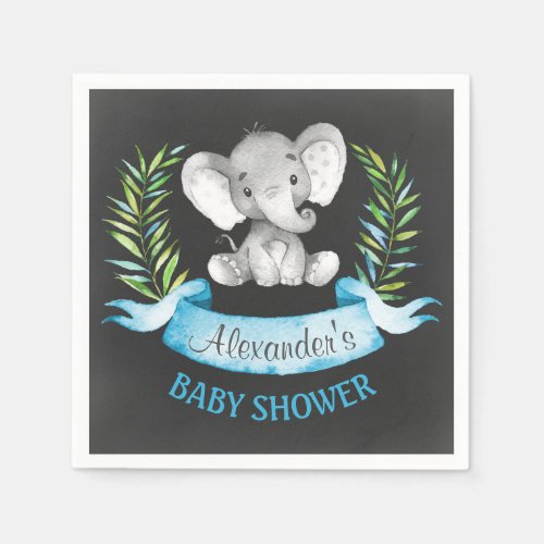 Chalkboard Watercolor Elephant Boy Baby Shower Paper Napkins