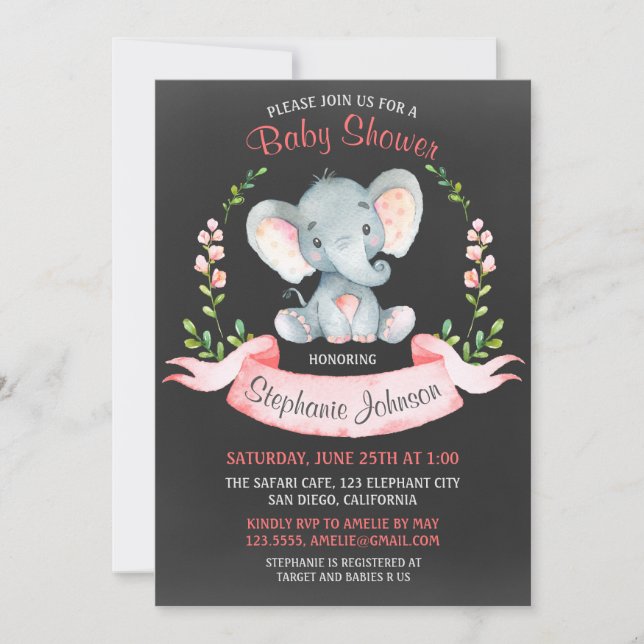 Chalkboard Watercolor Elephant Girl Baby Shower Invitation (Front)