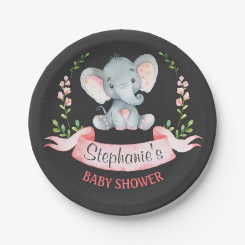 Chalkboard Watercolor Elephant Girl Baby Shower Paper Plates