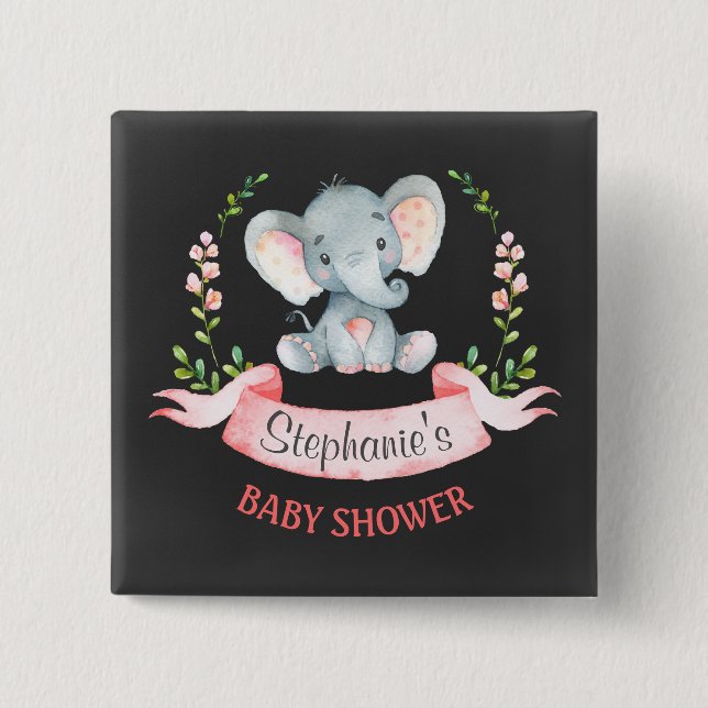 Chalkboard Watercolor Elephant Girl Baby Shower Pinback Button (Front)