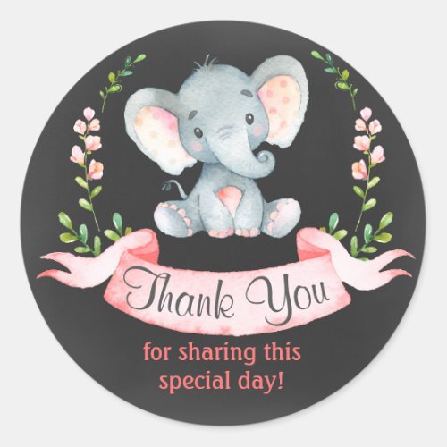 Chalkboard Watercolor Elephant Girl Thank You Classic Round Sticker