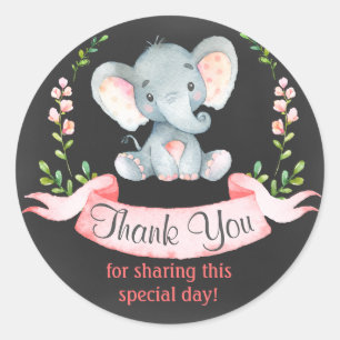 Chalkboard Watercolor Elephant Girl Thank You Classic Round Sticker