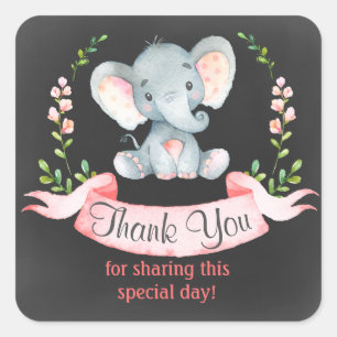Chalkboard Watercolor Elephant Girl Thank You Square Sticker