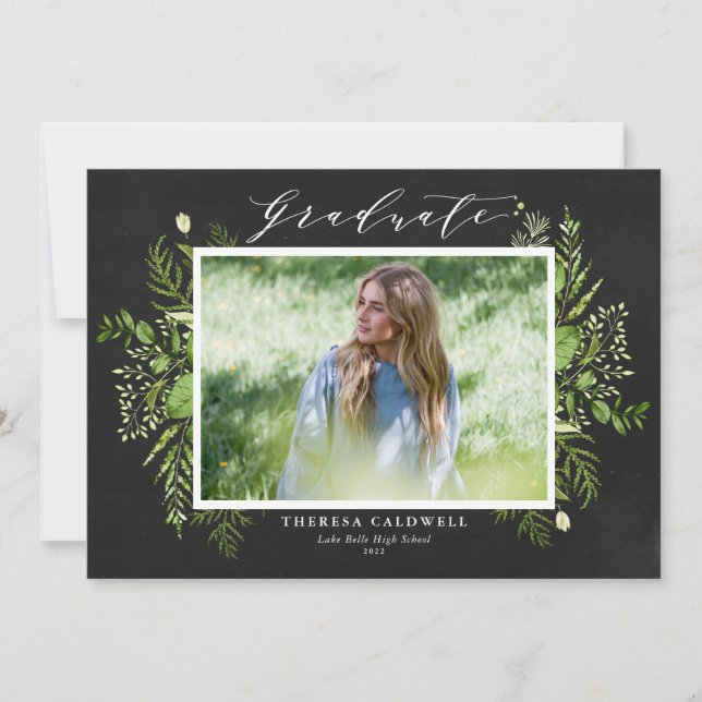 Chalkboard Watercolor Foliage Photo Graduation Announcement (Front)