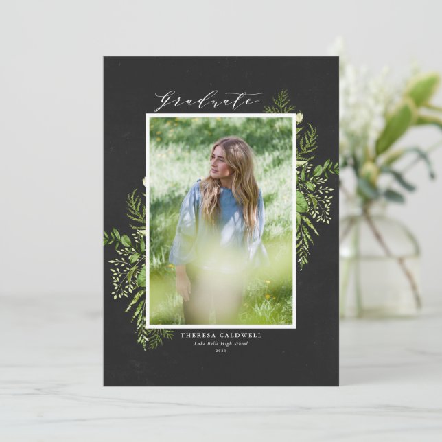 Chalkboard Watercolor Foliage Photo Graduation Announcement (Standing Front)