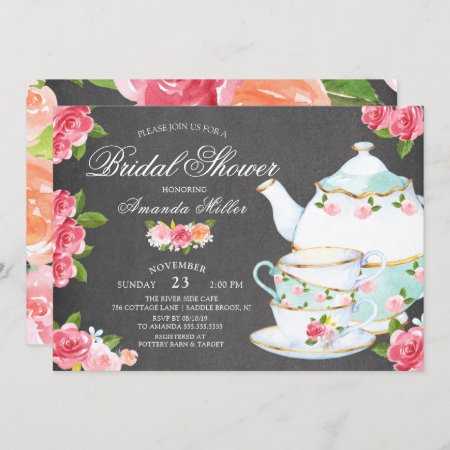 Chalkboard Watercolor Foral Tea Bridal Shower Invitation