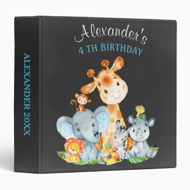 Chalkboard Watercolor Jungle Animals Birthday 3 Ring Binder (Front/Spine)