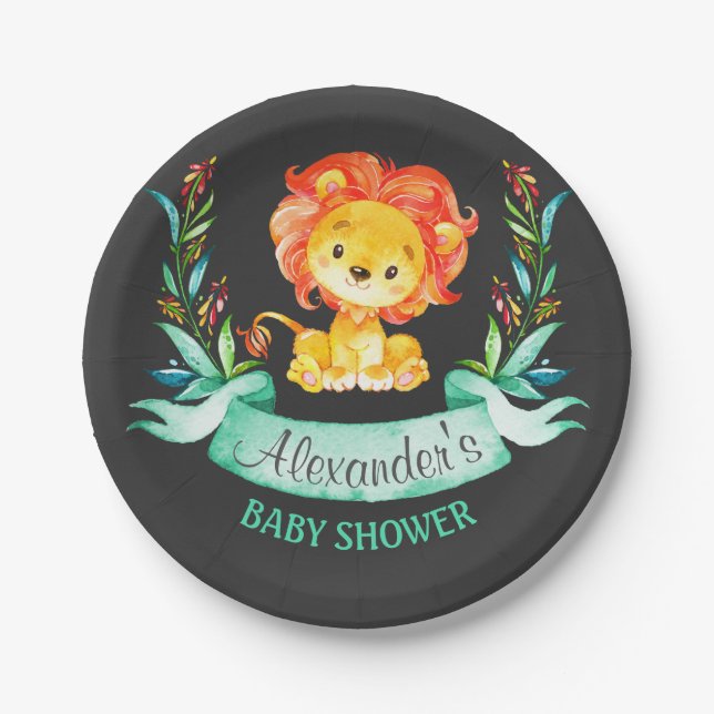 Chalkboard Watercolor Lion Baby Shower Paper Plates (Front)