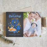 Chalkboard Watercolor Menorah Happy Hanukkah Photo Holiday Card<br><div class="desc">Happy Hanukkah! Send Hanukkah wishes to family and friends with this customizable photo flat card. It features watercolor illustrations of Hanukkah symbols such as Hanukkiah or menorah,  sufganiyot,  olives and dreidel on a faux chalkboard background. Personalize by adding names and a photo.</div>