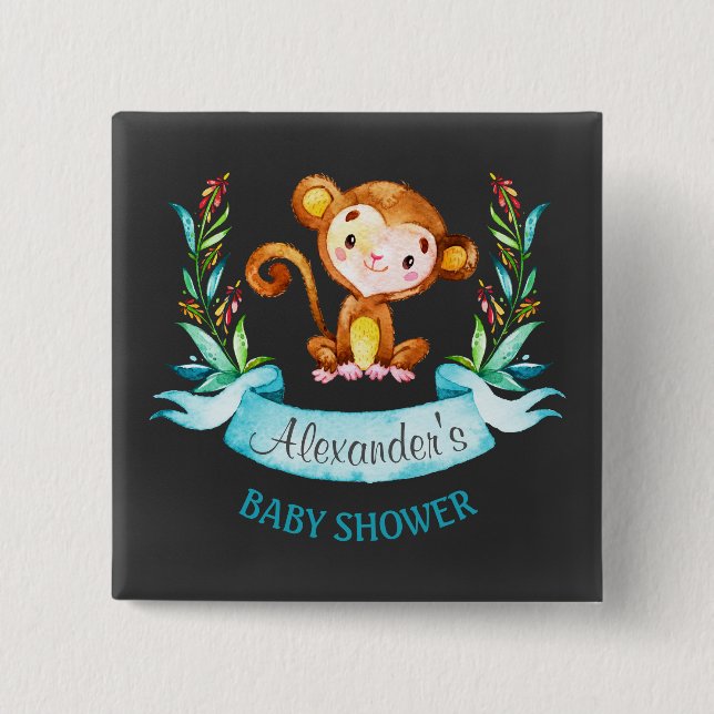 Chalkboard Watercolor Monkey Boy Baby Shower Button (Front)