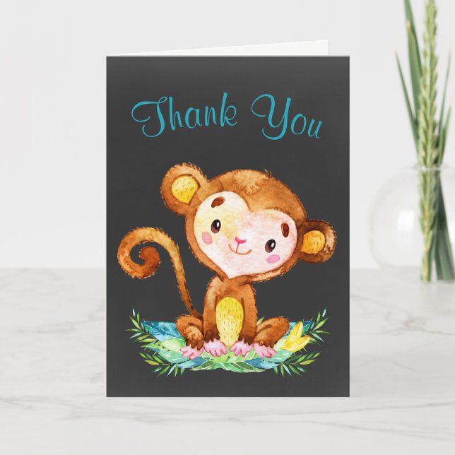 Chalkboard Watercolor Monkey Boy Thank You (Front)