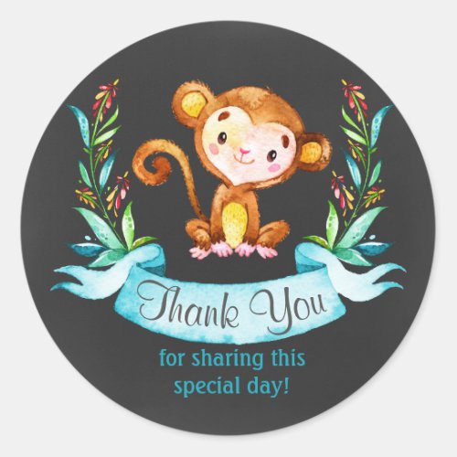Chalkboard Watercolor Monkey Boy Thank You Classic Round Sticker