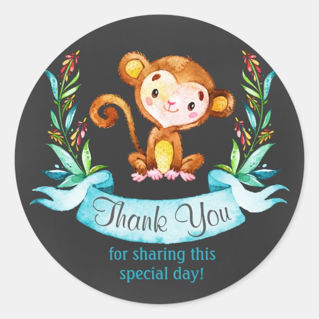 Chalkboard Watercolor Monkey Boy Thank You Classic Round Sticker (Front)