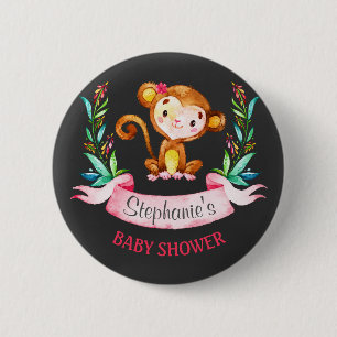 Chalkboard Watercolor Monkey Girl Baby Shower Button