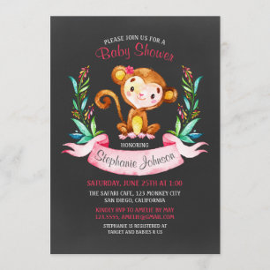 Chalkboard Watercolor Monkey Girl Baby Shower Invitation