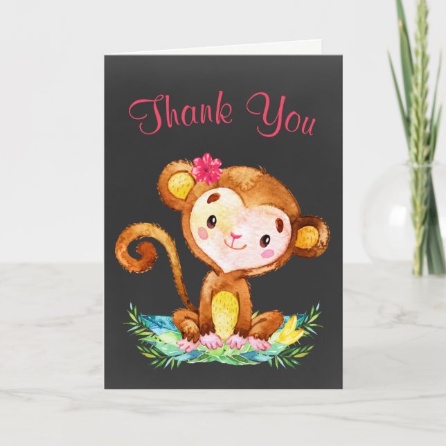 Chalkboard Watercolor Monkey Girl Thank You Card (Front)