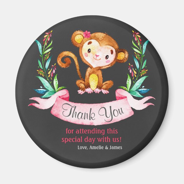 Chalkboard Watercolor Monkey Girl Thank You Magnet (Front)